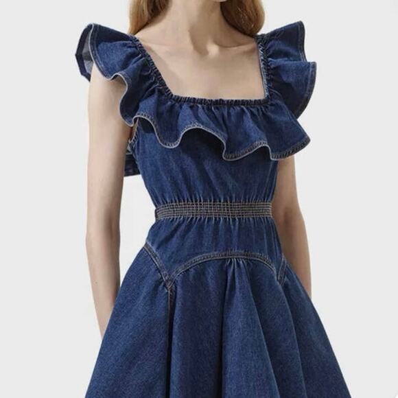 Self-portrait denim ruffle dress mini flirty open back with bow size 4 feminine - Picture 5 of 11